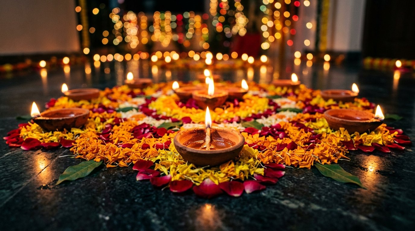 Traditional glowing clay diyas arranged on colorful marigold flower petal rangoli
