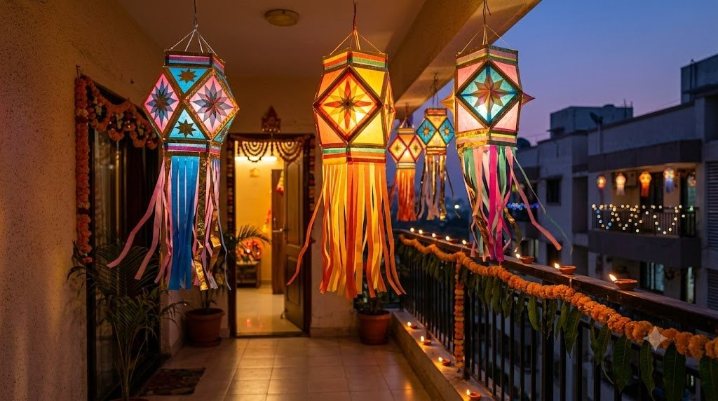 Traditional Indian Diwali paper lanterns kandil hanging outside balcony in evening twilight