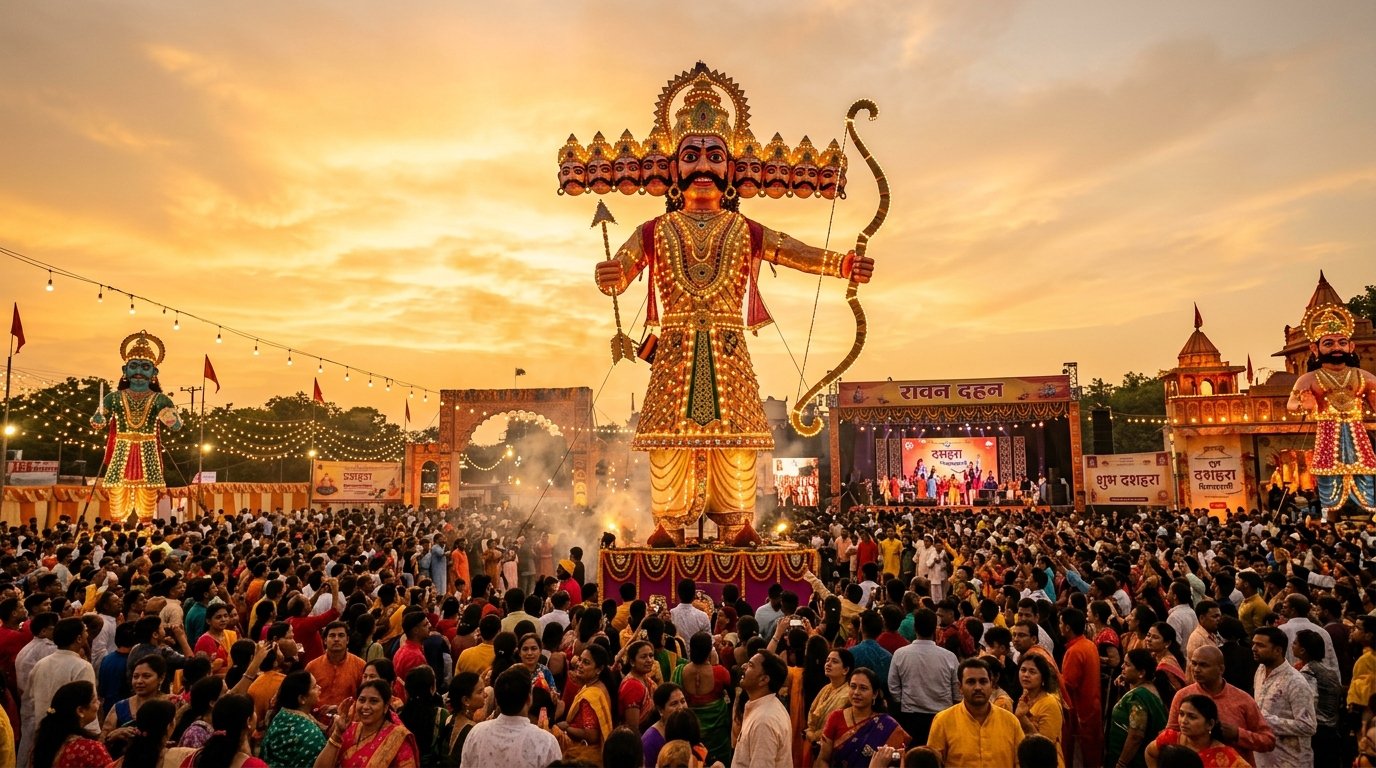 Spectacular Dussehra Vijayadashami celebration with illuminated Ravana effigy at dusk
